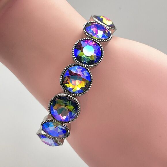 Silver Tone Blue AB Round Cut Glass Rhinestone Stretch Bracelet Boho Fashion - Picture 2 of 7